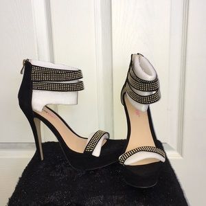 Black and gold suede heels